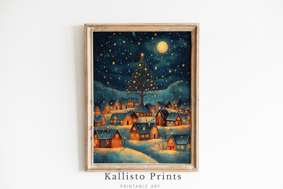 Christmas Village Night Scene Art Print