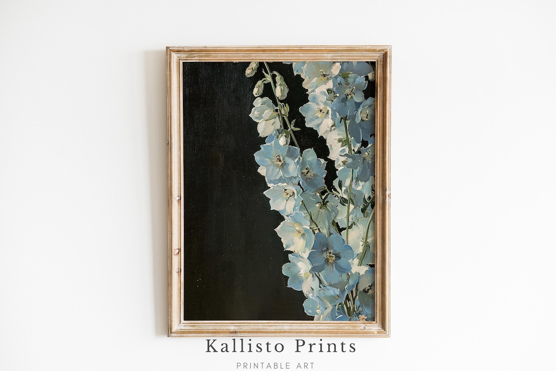 Elegant Blue Delphinium Flower Poster Dark Botanical Floral Oil Art
