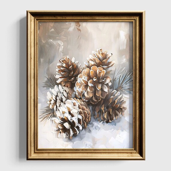 Pinecone Still Life Print Christmas Wall Art Winter Holiday Decor Moody Pine Cone Oil Painting Cottagecore Art Print