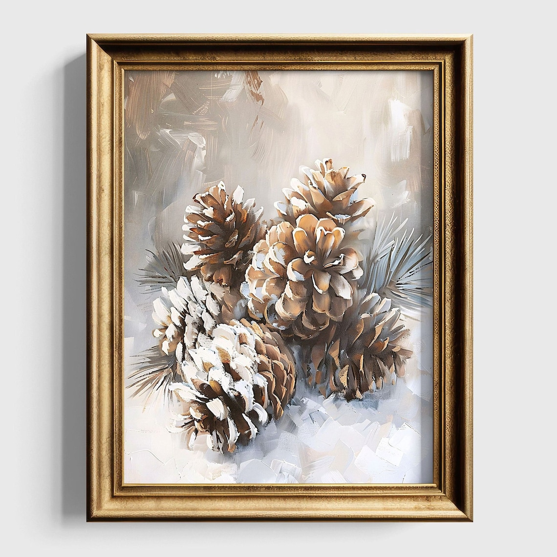 Snowy Pinecones Winter Still Life Vintage Oil Painting Poster