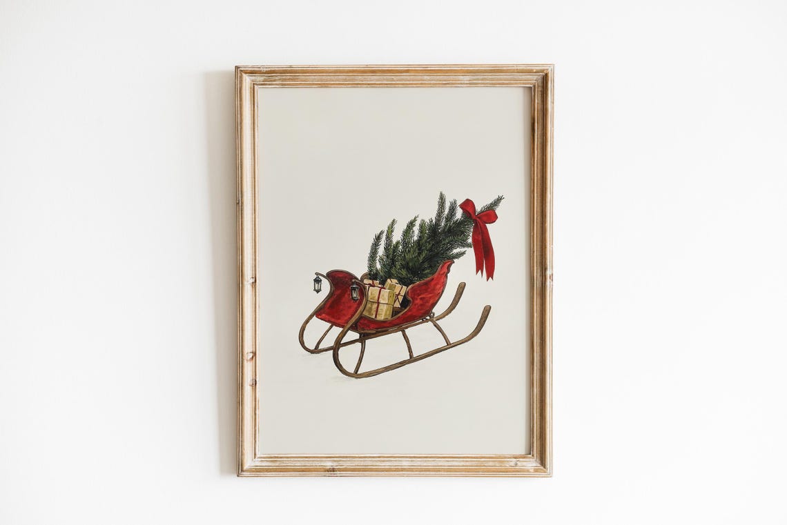 Vintage Red Christmas Sleigh Tree Gifts Minimalist Art Poster