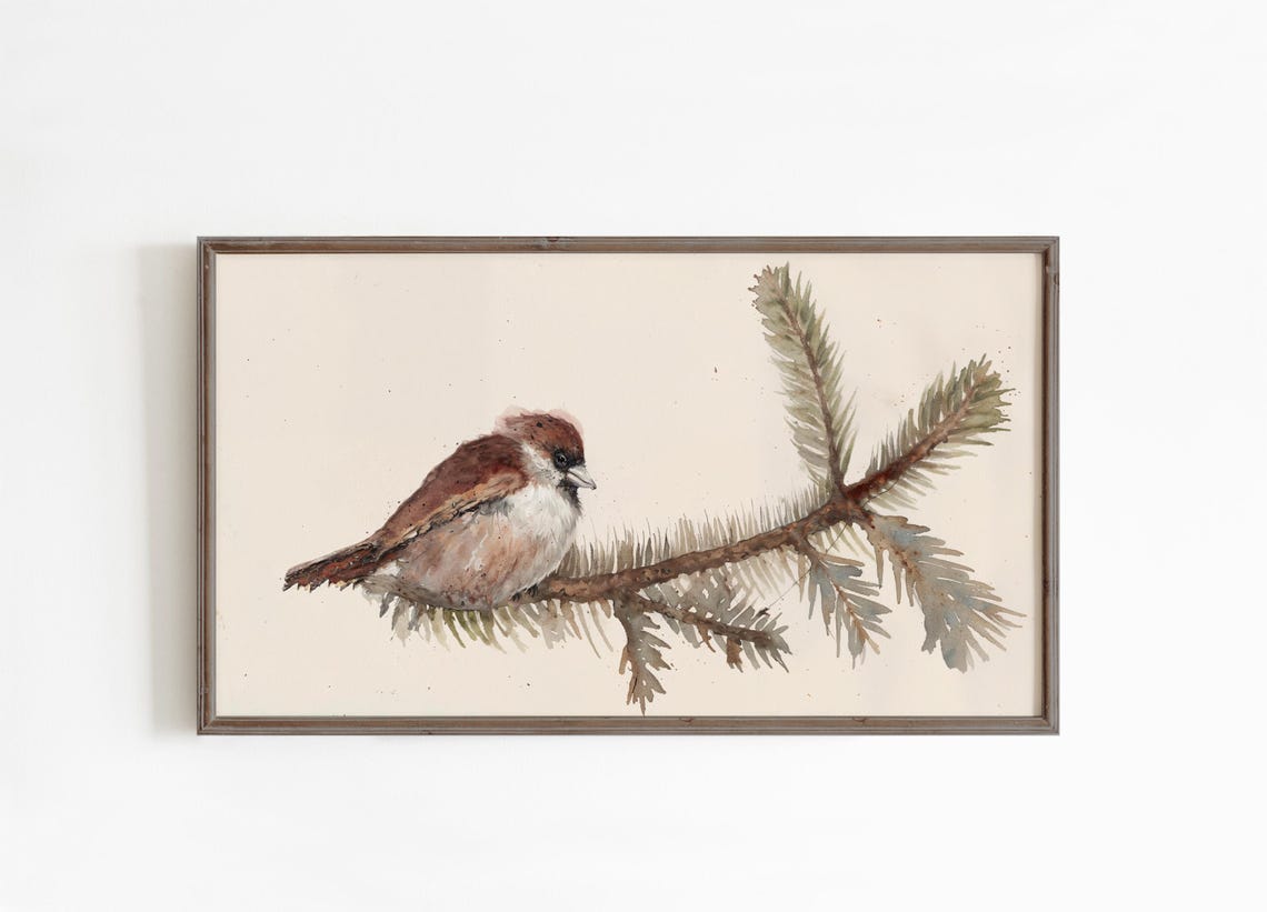 Winter Sparrow Watercolor Pine Branch Delicate Bird Art Poster - Image 2