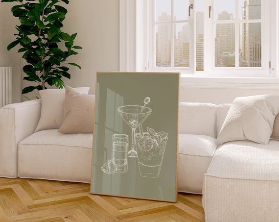Cocktail Print, Sage Green Bar Cart Art Poster