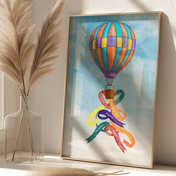 Personalised Hot Air Balloon Poster Family Tree Wall Art Custom Ribbons Our Family Print Grandparent Gift Nursery Picture