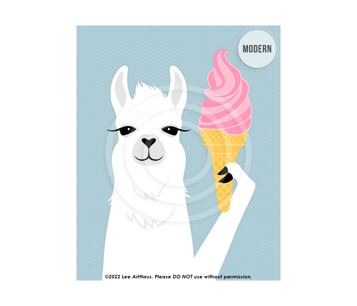White Llama Holding Pink Ice Cream Cone Funny Animal Wall Art Poster - Image 2
