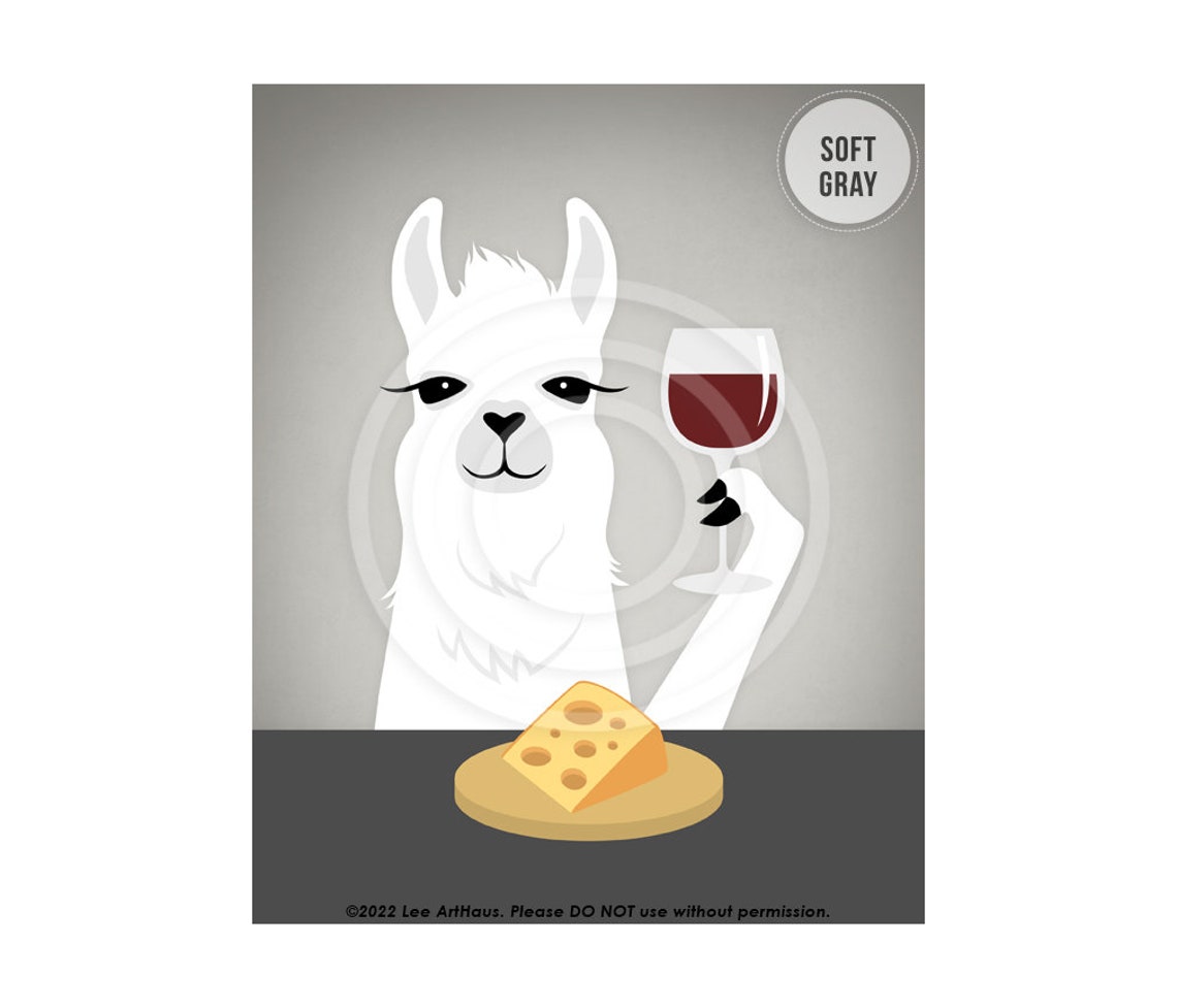 White Llama Drinking Wine With Cheese Cartoon Funny Animal Art Poster