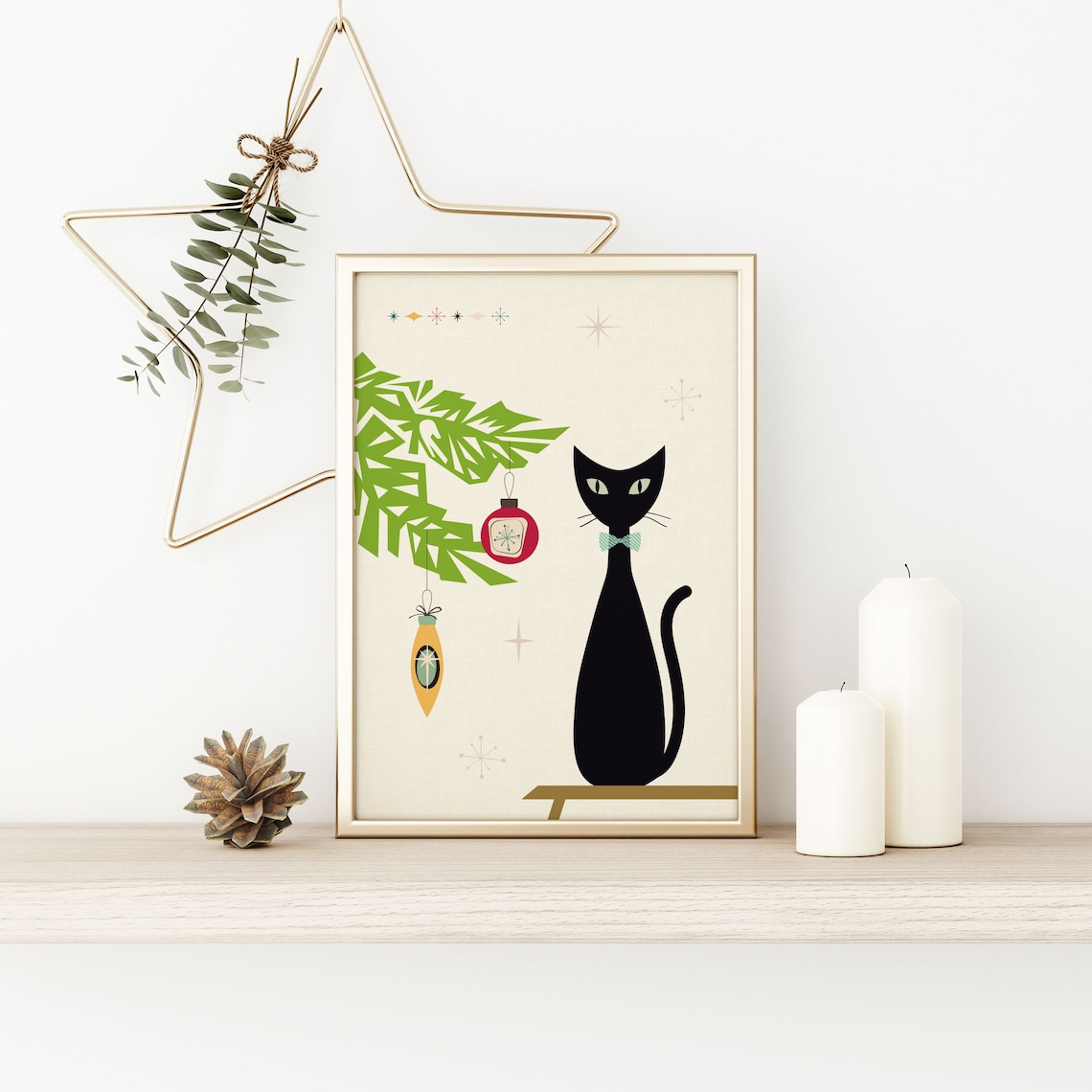 Christmas Mid-Century Modern Cat Wall Art Print - Image 3