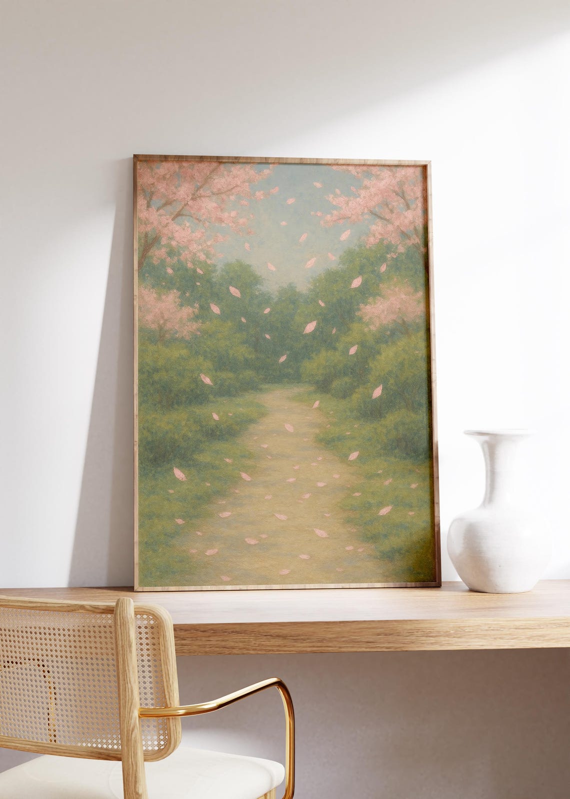 Pink Cherry Blossom Petals Drifting on Garden Path Spring Poster