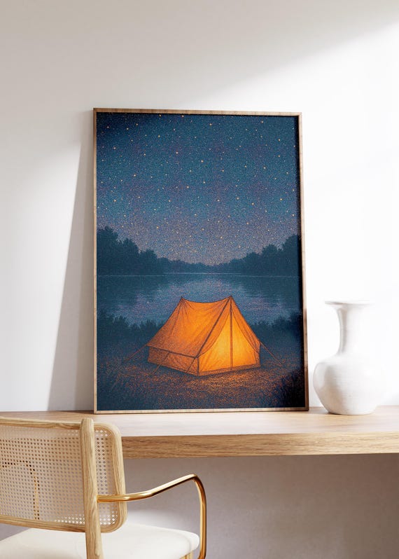 Starry Tent Wall Art Print Glowing Campsite By Lake Night Sky Full Of Stars Warm Light Peaceful Outdoor Scene Pointillist Texture