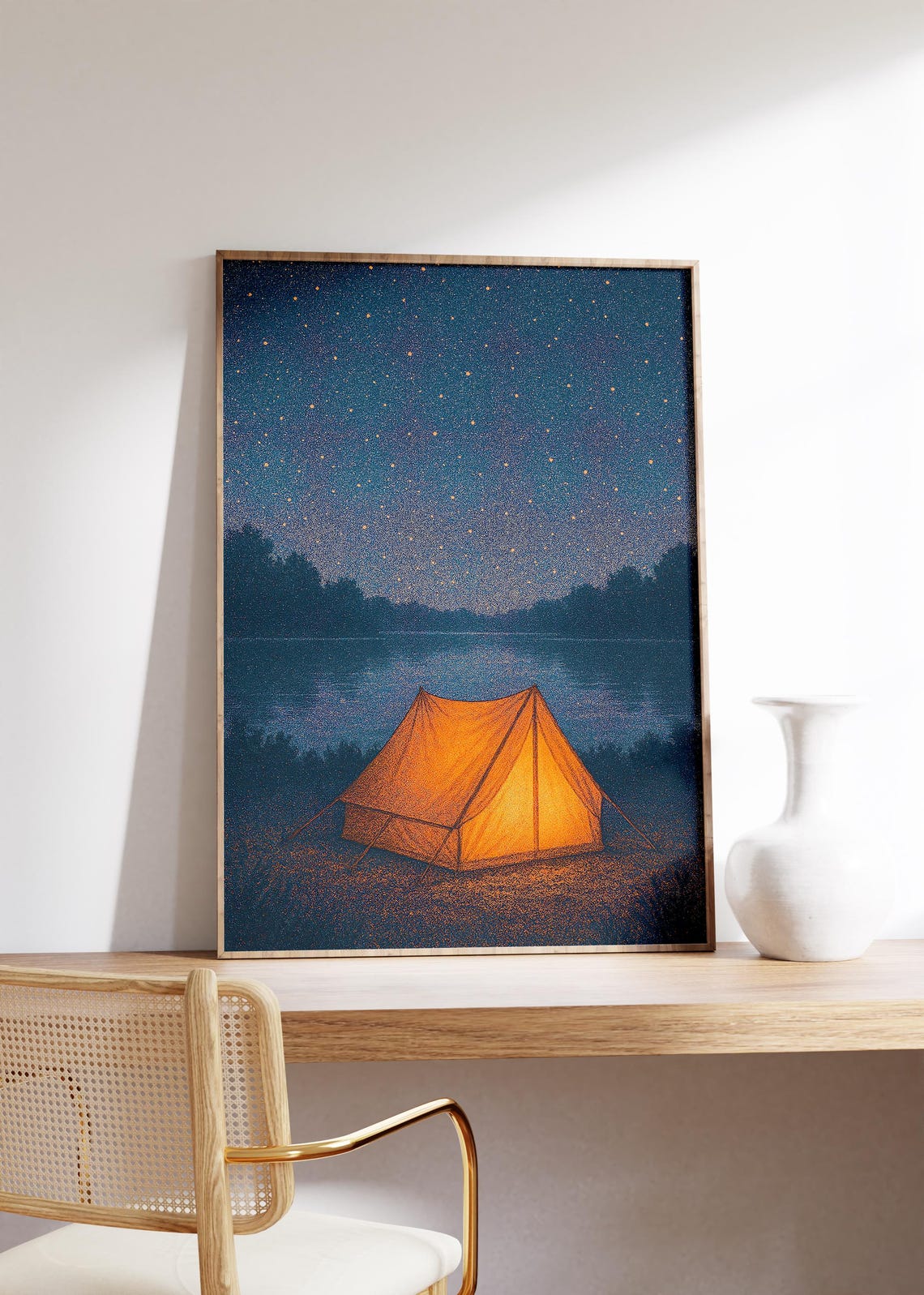 Glowing Tent by Lakeside under a Starry Night Sky Pointillist Poster