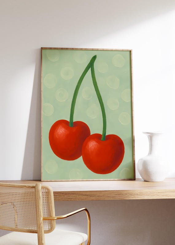 Cherry Wall Art Print Red Fruit Poster Whimsical Kitchen Decor Retro Pastel Green Background Brushstroke Style Illustration