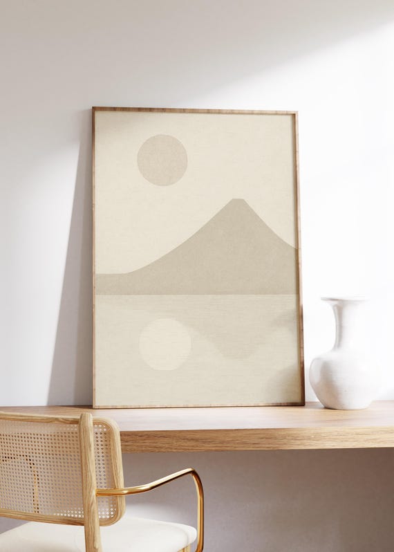 Minimalist Landscape Wall Art Print Neutral Mountain Viewsoft Reflection Tonescalm Geometric Designmodern Zen Decorserene Nature Shape