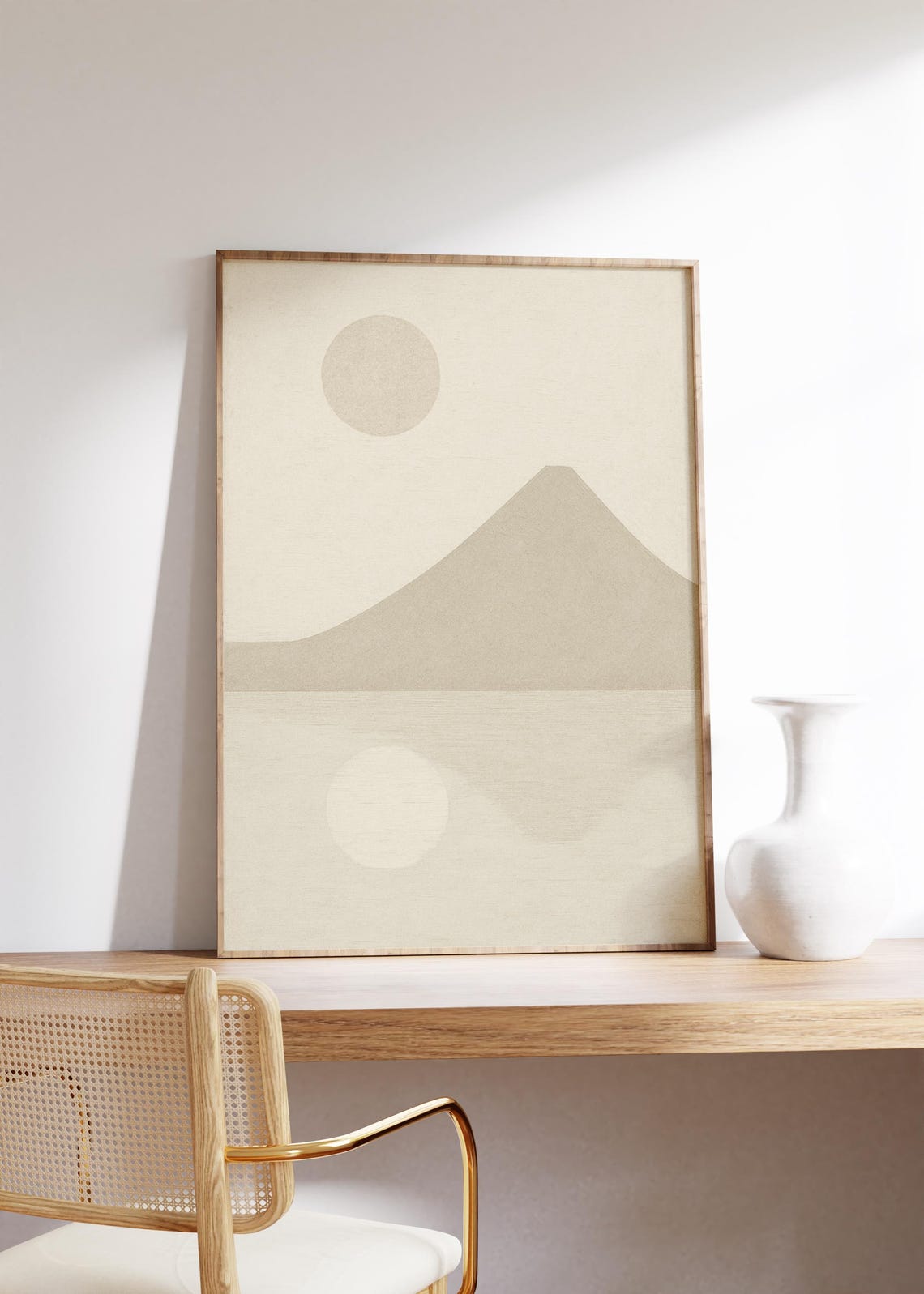 Minimalist Neutral Mountain Sun Reflection Japandi Abstract Poster