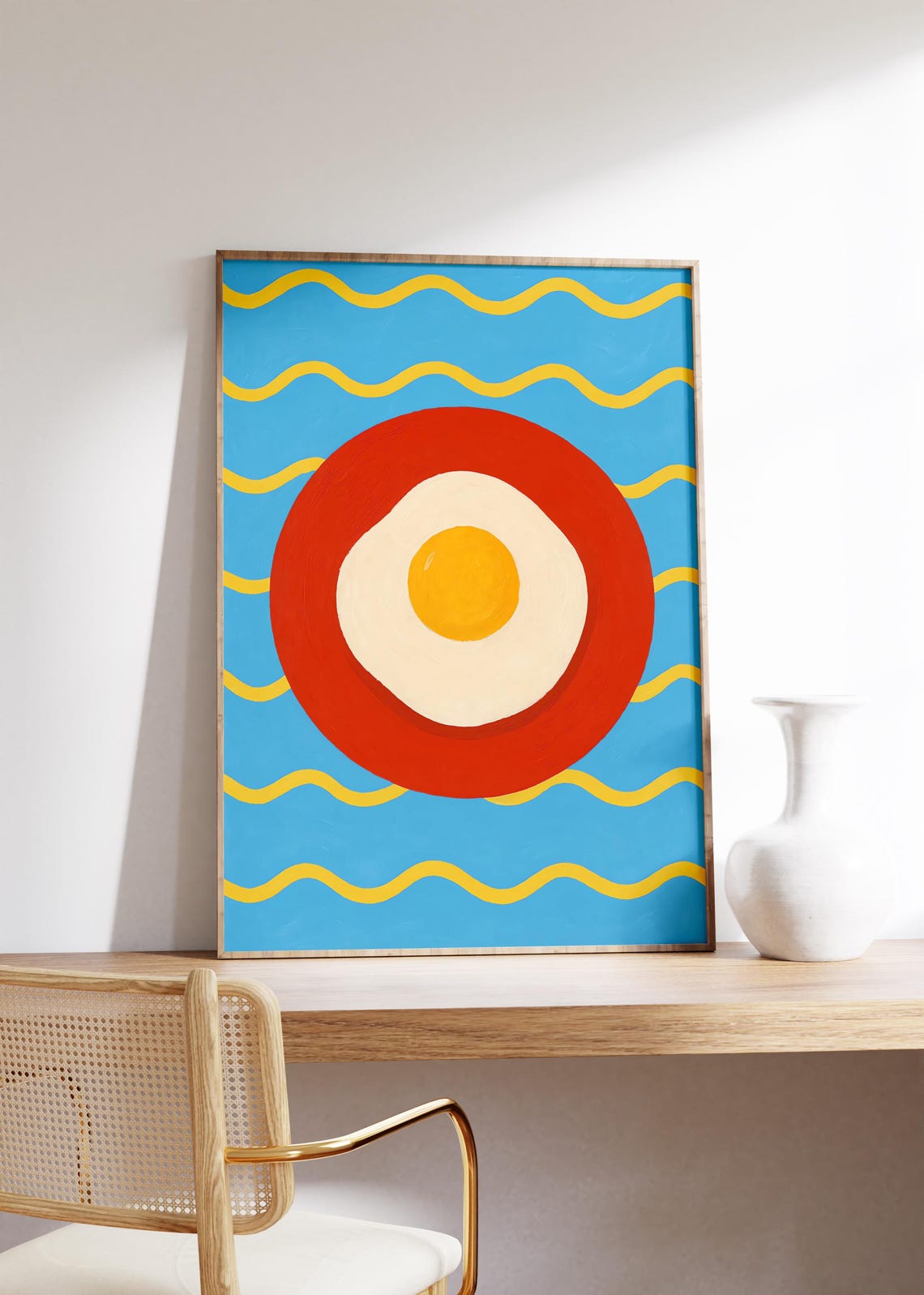 Sunny Side Up Fried Egg on Red Plate Over Blue Wavy Background Poster