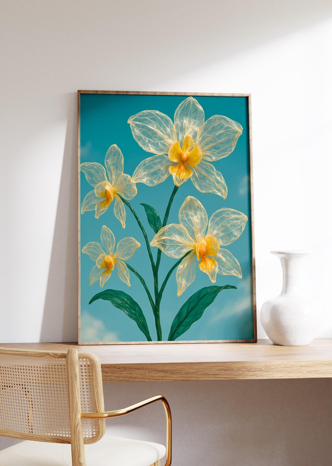 Transparent Glass Orchids Teal Background Dreamy Floral Art Poster