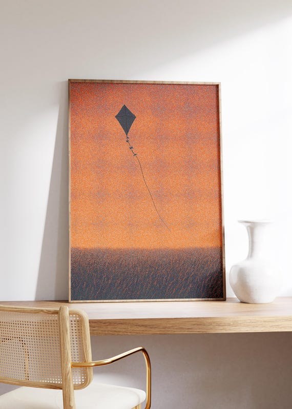 Kite Field Wall Art Print Sunset Orange Gradient Flying Silhouette Pointillism Texture Peaceful Sky Minimalist Outdoor Scene