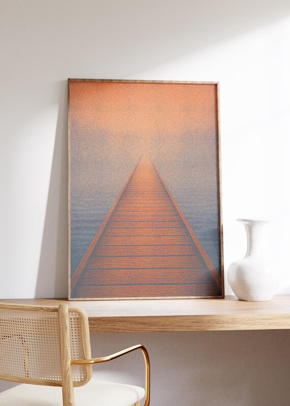 Long Wooden Pier stretching into Foggy Water at Sunset Glow Poster