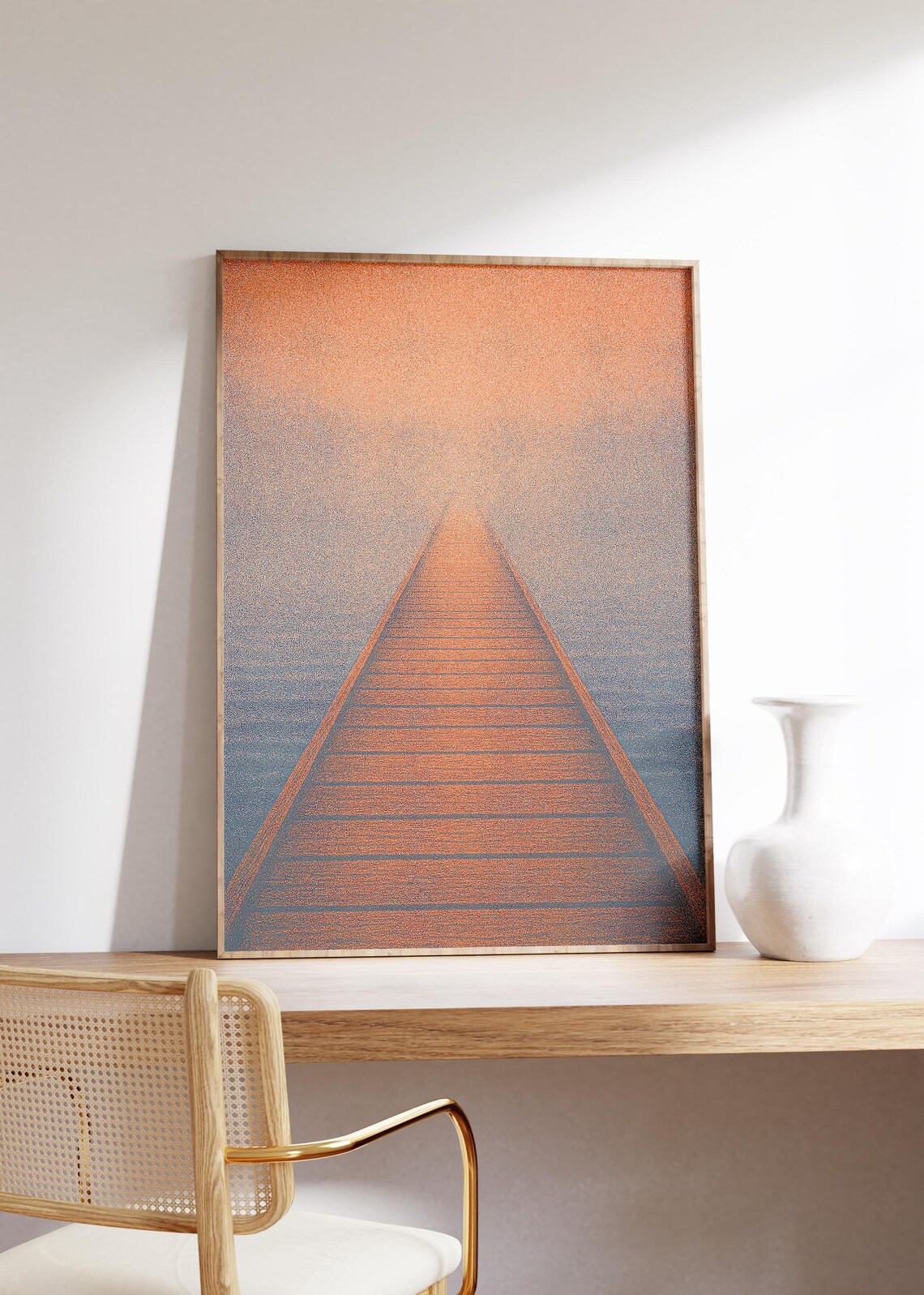 Long Wooden Pier stretching into Foggy Water at Sunset Glow Poster