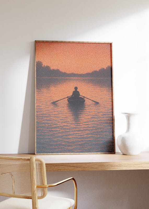 Rowboat Wall Art Print Dusk Lake Scene Pointillist Texture Warm Orange Tones Meditative Moment Silhouette Calm Nature Reflection