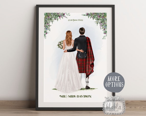 Scottish Wedding Bride Groom Personalised Print Groom In Kilt Scottish Wedding Gift Groom And Bride Illustration Scottish Thistle