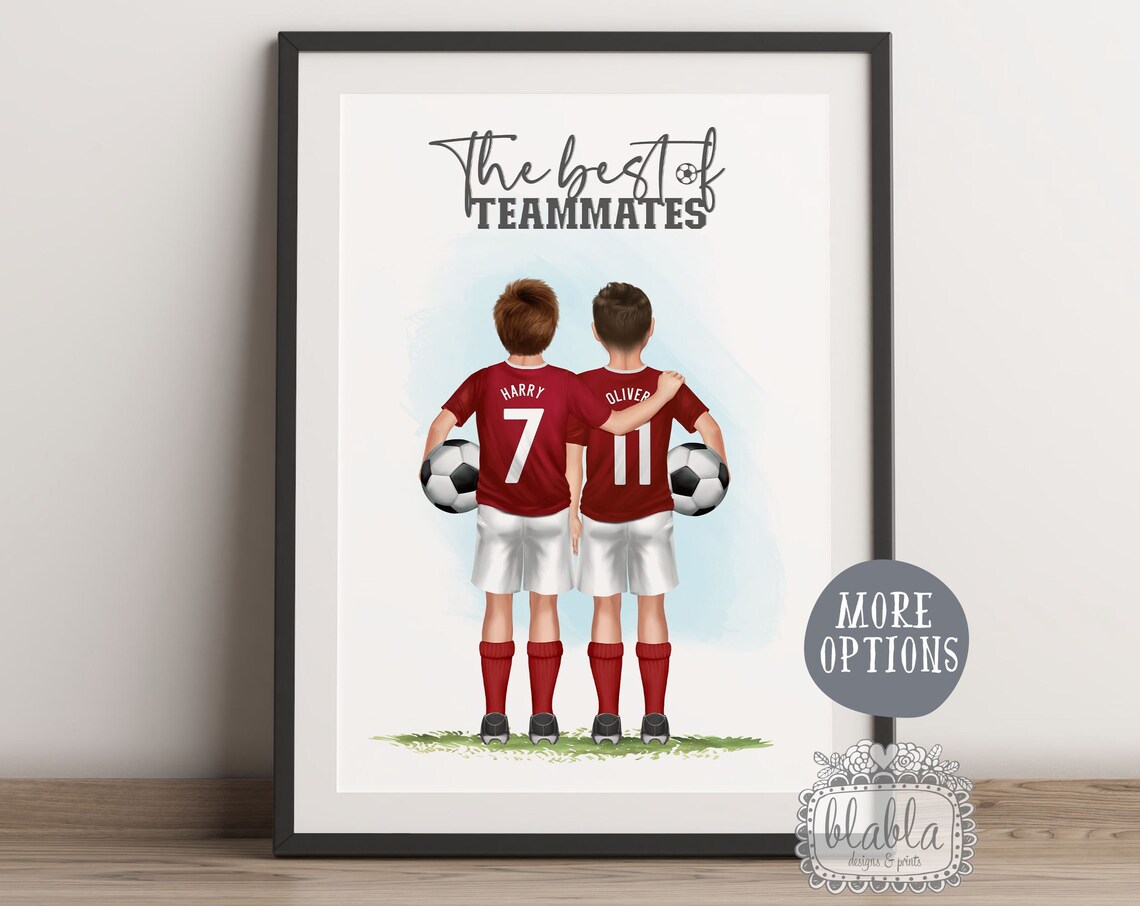 The Best of Teammates Two Boys Red Soccer Jersey Back View Poster