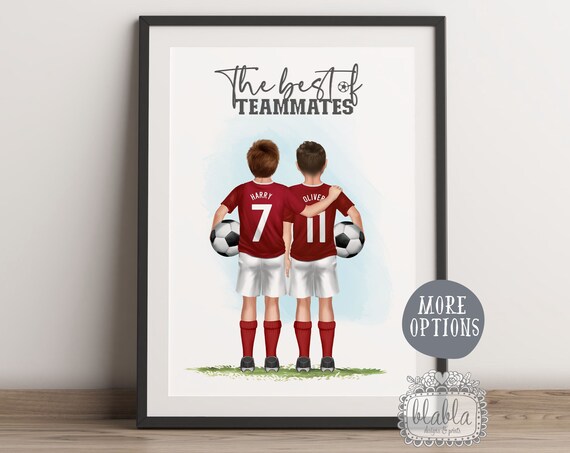 The Best of Teammates Two Boys Red Soccer Jersey Back View Poster