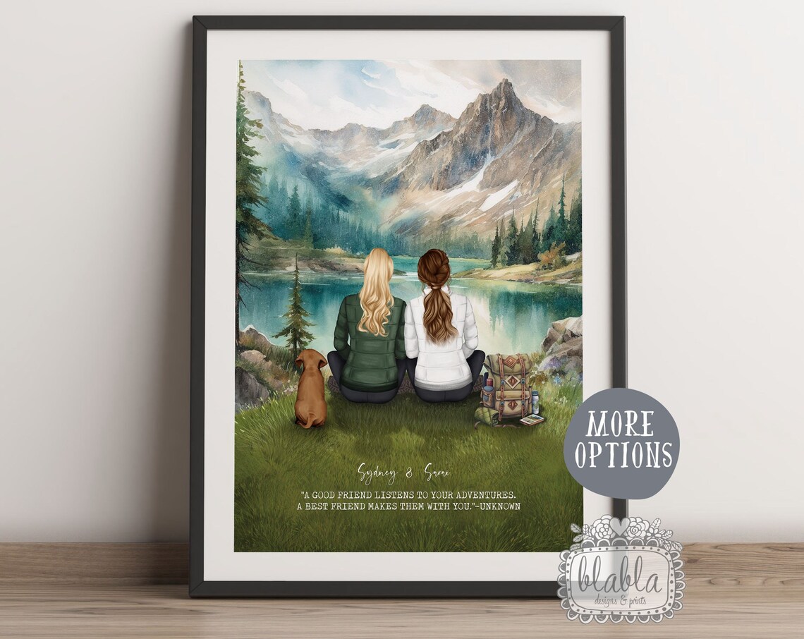 Best Friends Mountain Lake Hiking Adventure Illustration Poster