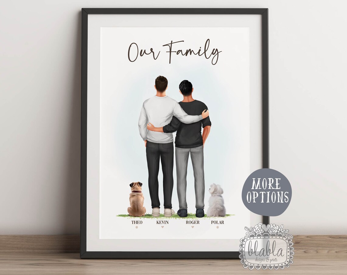 Personalised Gay Couple With Pets Gift Gay Couple Gift Couple And Pet Personalised Family Illustration Anniversary Gift Gift For Couple
