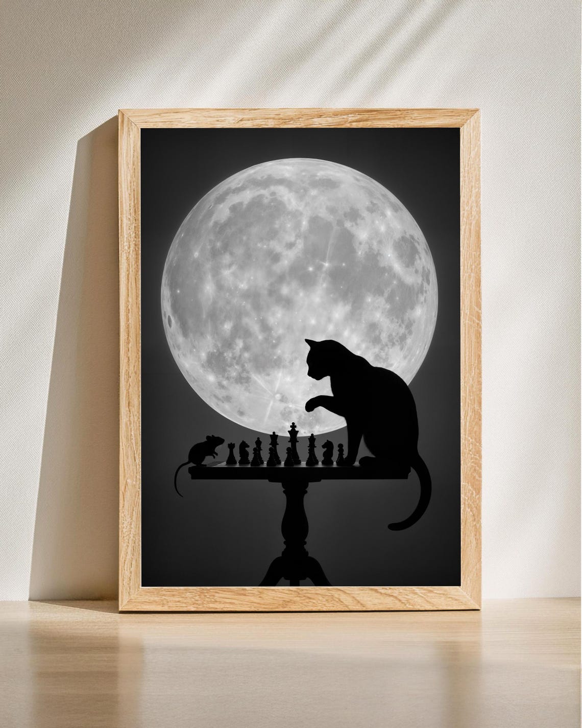 Black Cat And Mouse Chess Match Full Moon Night Silhouette Poster