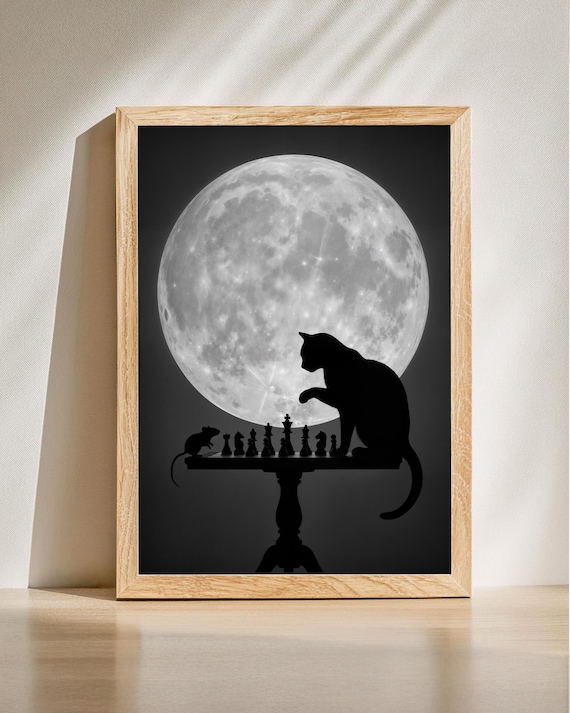 Cat And Mouse Chess Moon Print Surreal Animal Poster Black White Night Art Whimsical Wall Decor