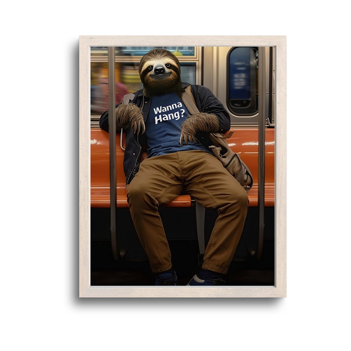 Sloth Relaxing in Wanna Hang Tee on Subway Funny Animal Poster