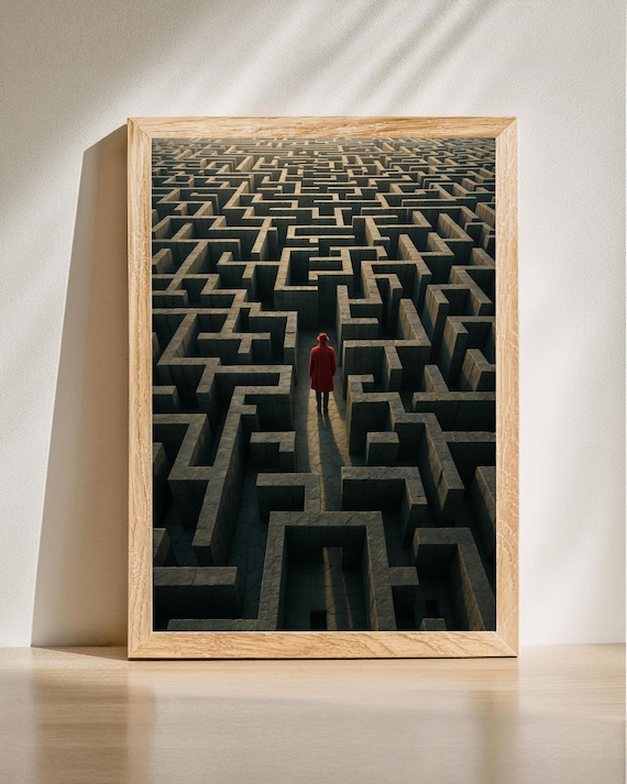 Lone Figure In Red Coat Inside Giant Stone Maze Self Discovery Wall Art