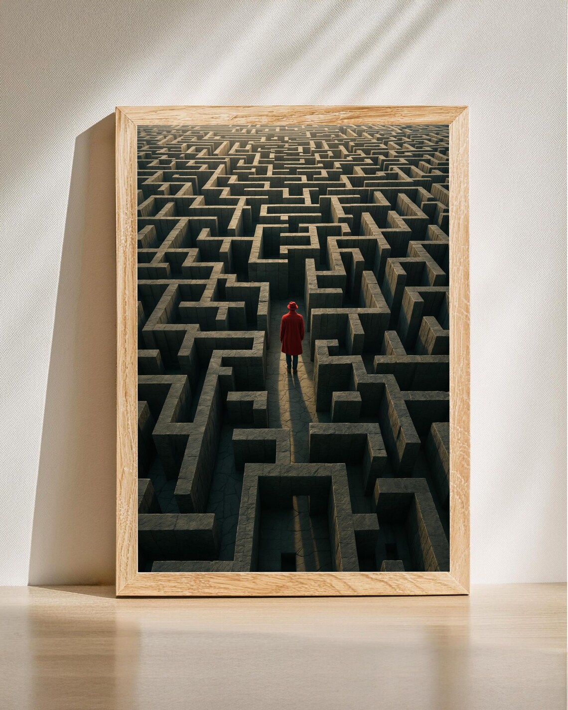 Lone Figure In Red Coat Inside Giant Stone Maze Self Discovery Wall Art