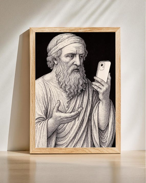 Wise Philosopher With Smartphone Vintage Illustration Quirky Wall Art Whimsical Home Decor Office