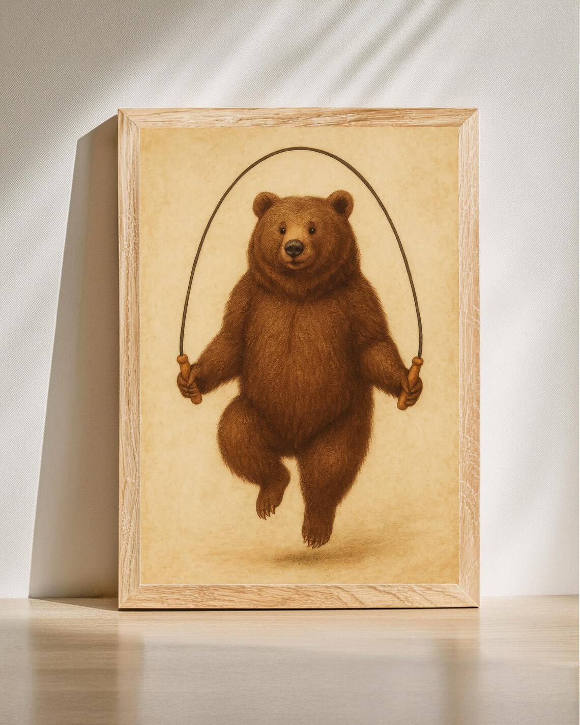 Playful Bear Jump Rope Whimsical Vintage Animal Nursery Art Poster