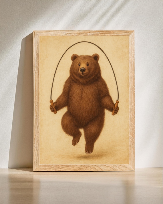 Playful Bear Jump Rope Whimsical Vintage Animal Nursery Art Poster
