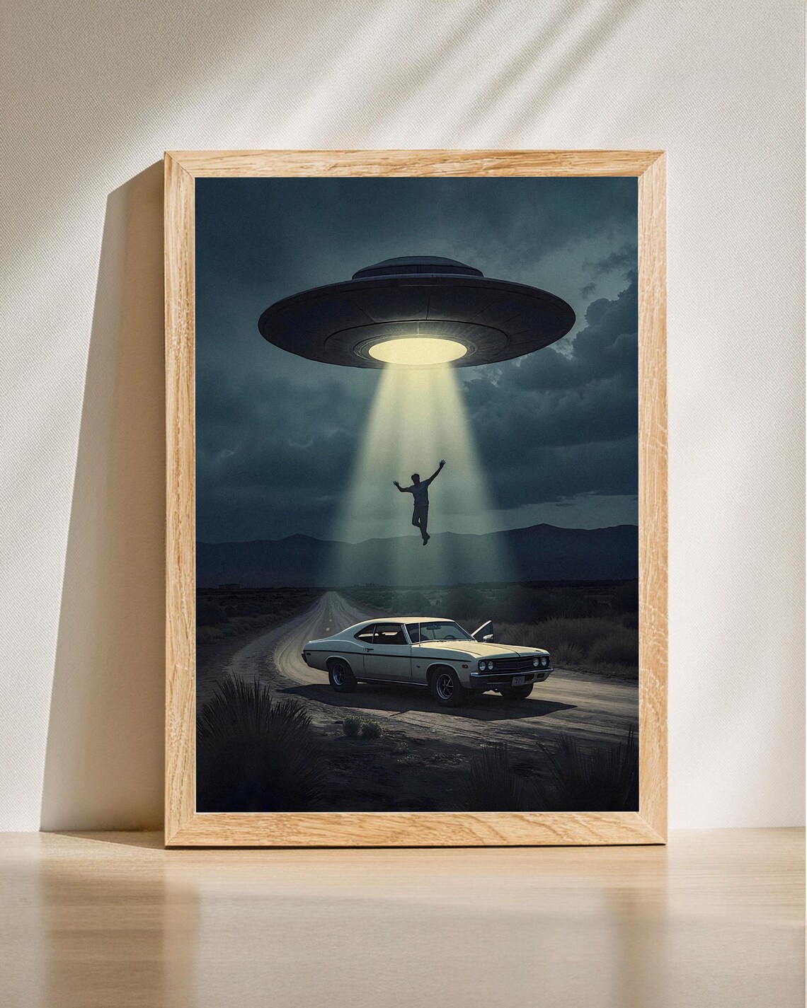 UFO Abducting Man Over Desert Road Vintage Car SciFi Wall Art
