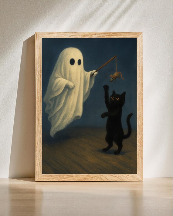 Halloween Cat And Art Black Poster Spooky Wall Haunted House Print Lover Gift