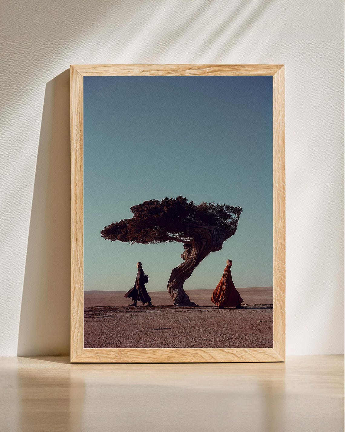 Two Monks Walking Desert Windswept Tree Minimal Zen Photo Poster