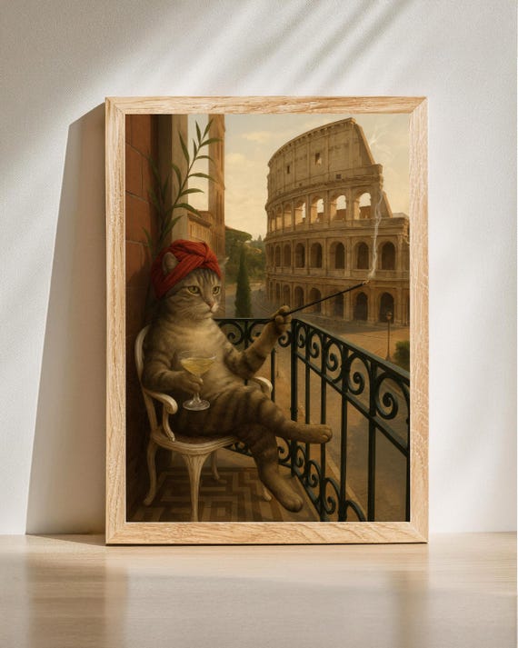 Funny Rome Cat Art With Wine Print Italian Poster Colosseum Wall Lover Gift Elegant Home Decor
