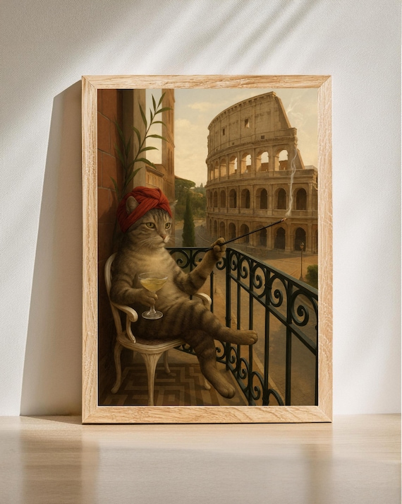 Funny Rome Cat Wine Glass Colosseum View Elegant Tabby Art Poster
