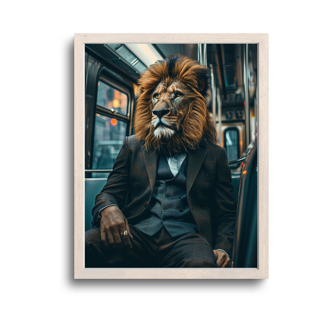 Lion In NY Subway Suit Poster Whimsical Maximalist Animal Humor Decor