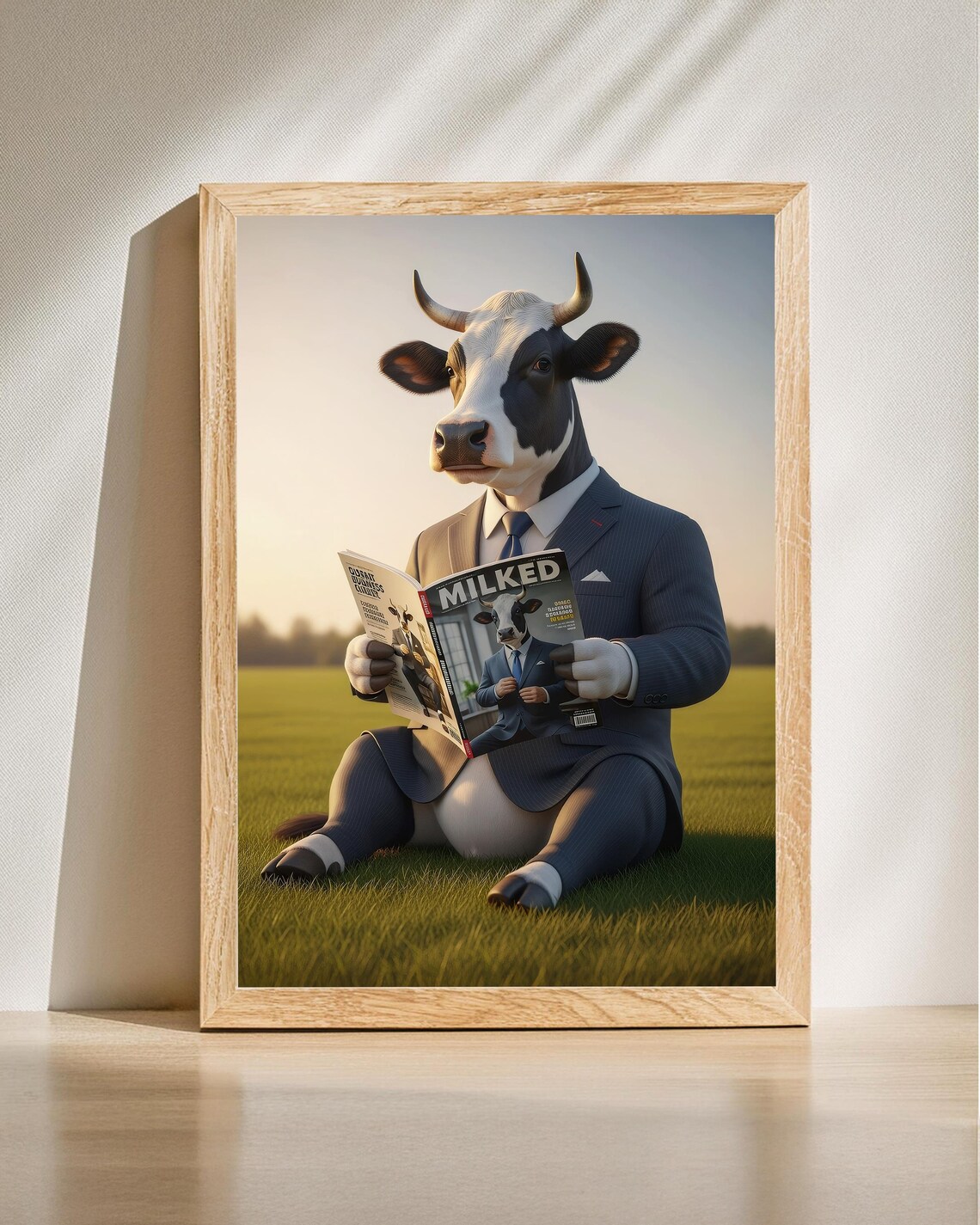 Distinguished Cow Businessman Reading Milked Magazine Funny Art Poster