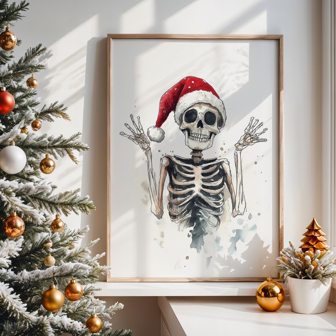 Funny Skeleton Wearing Santa Hat Watercolor Playful Christmas Wall Art - Image 5