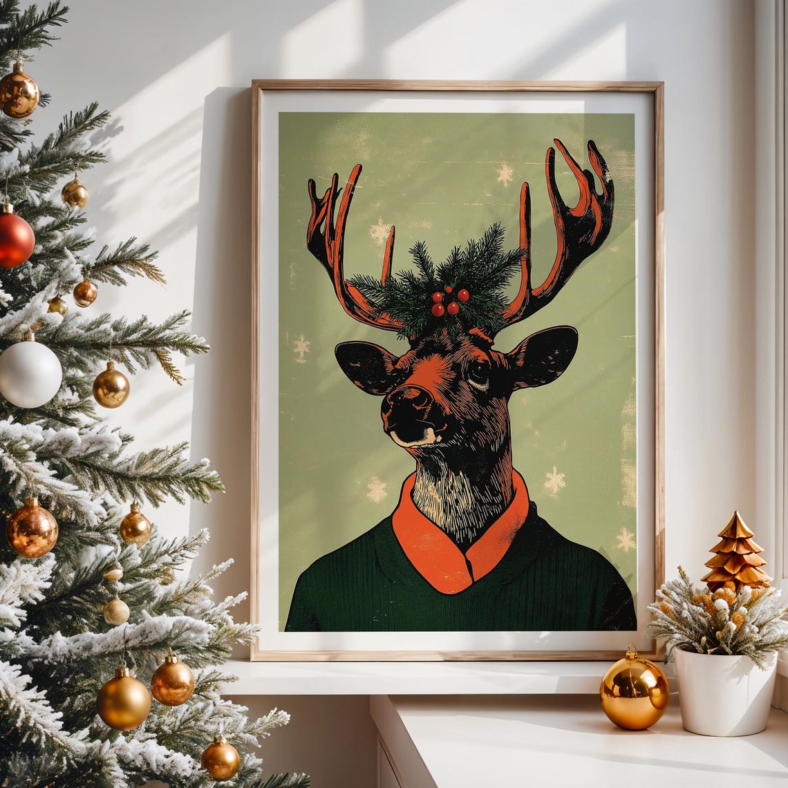 Funny Reindeer Green Sweater Sunglasses Pine Berries Holiday Wall Art - Image 3