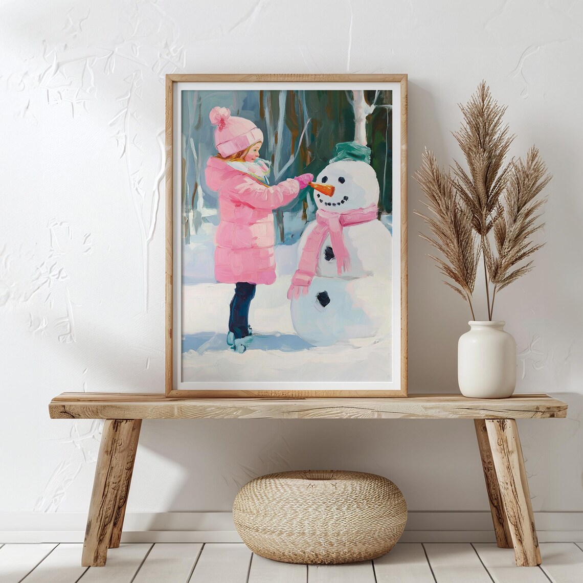 Girl Building Snowman In Pink Coat Winter Scene Kids Room Decor Poster - Image 4