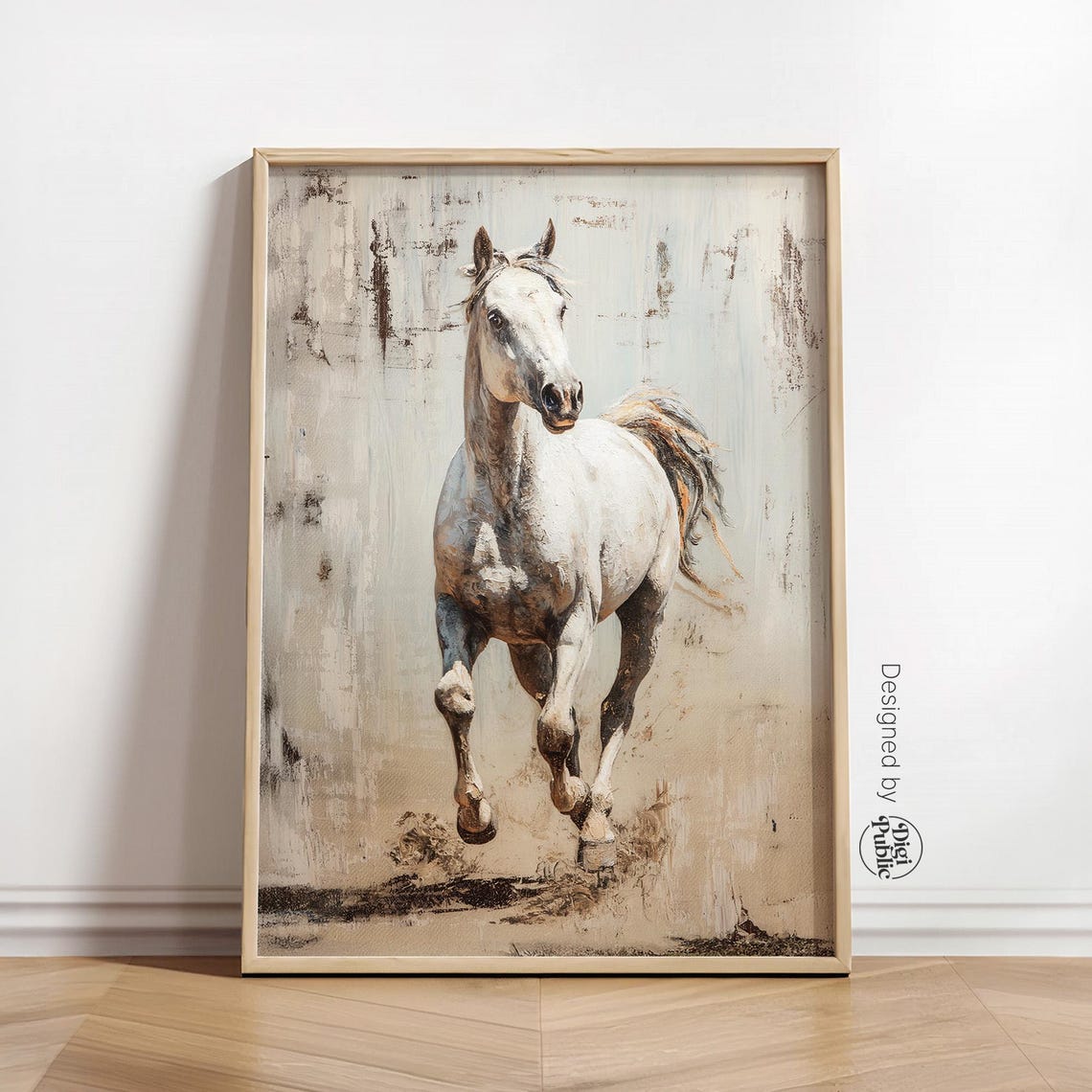 Rustic White Horse Trotting Poster on Gray Vintage Equestrian Art