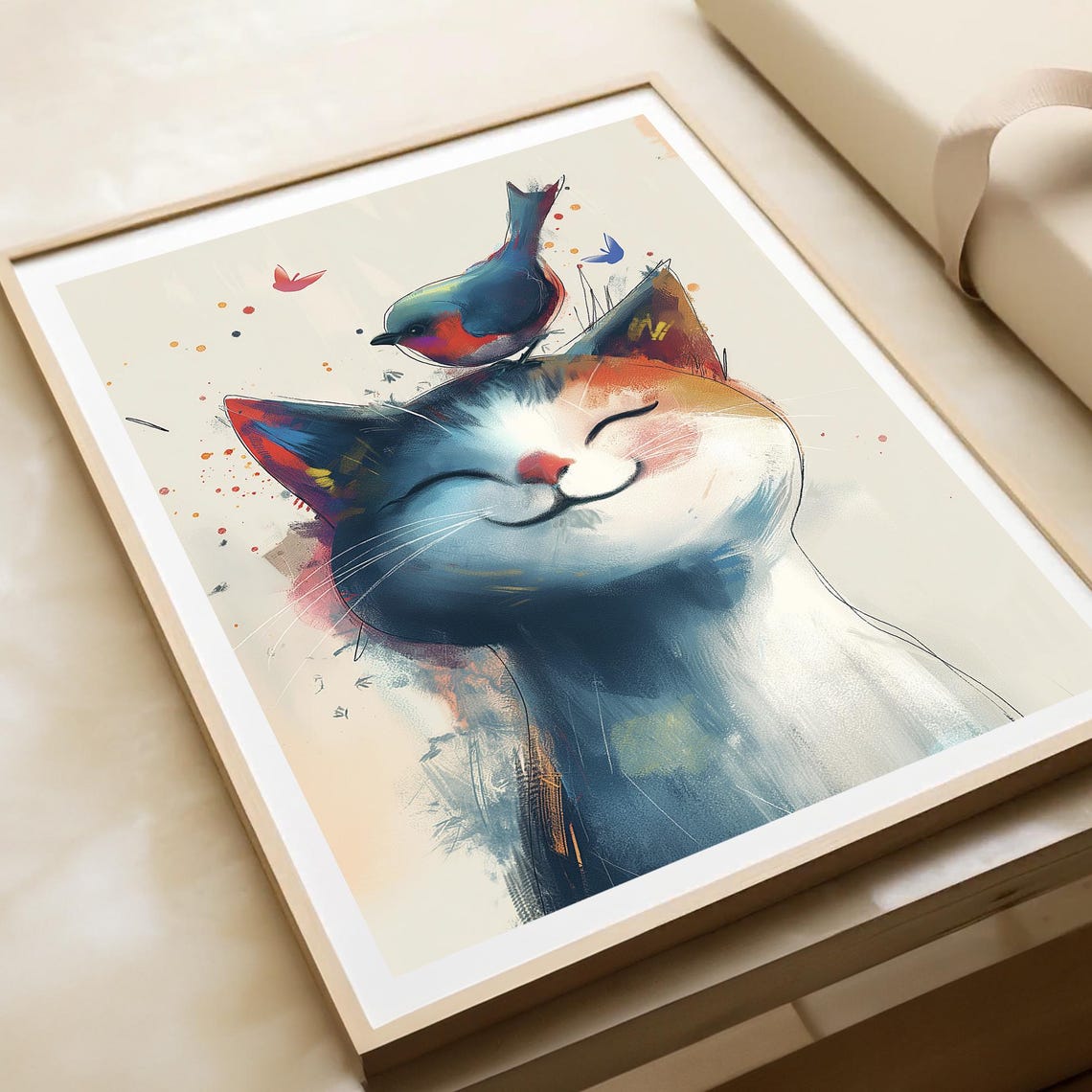 Cute Smiling Cat with Bird on Head Watercolor Whimsical Nursery Poster - Image 4