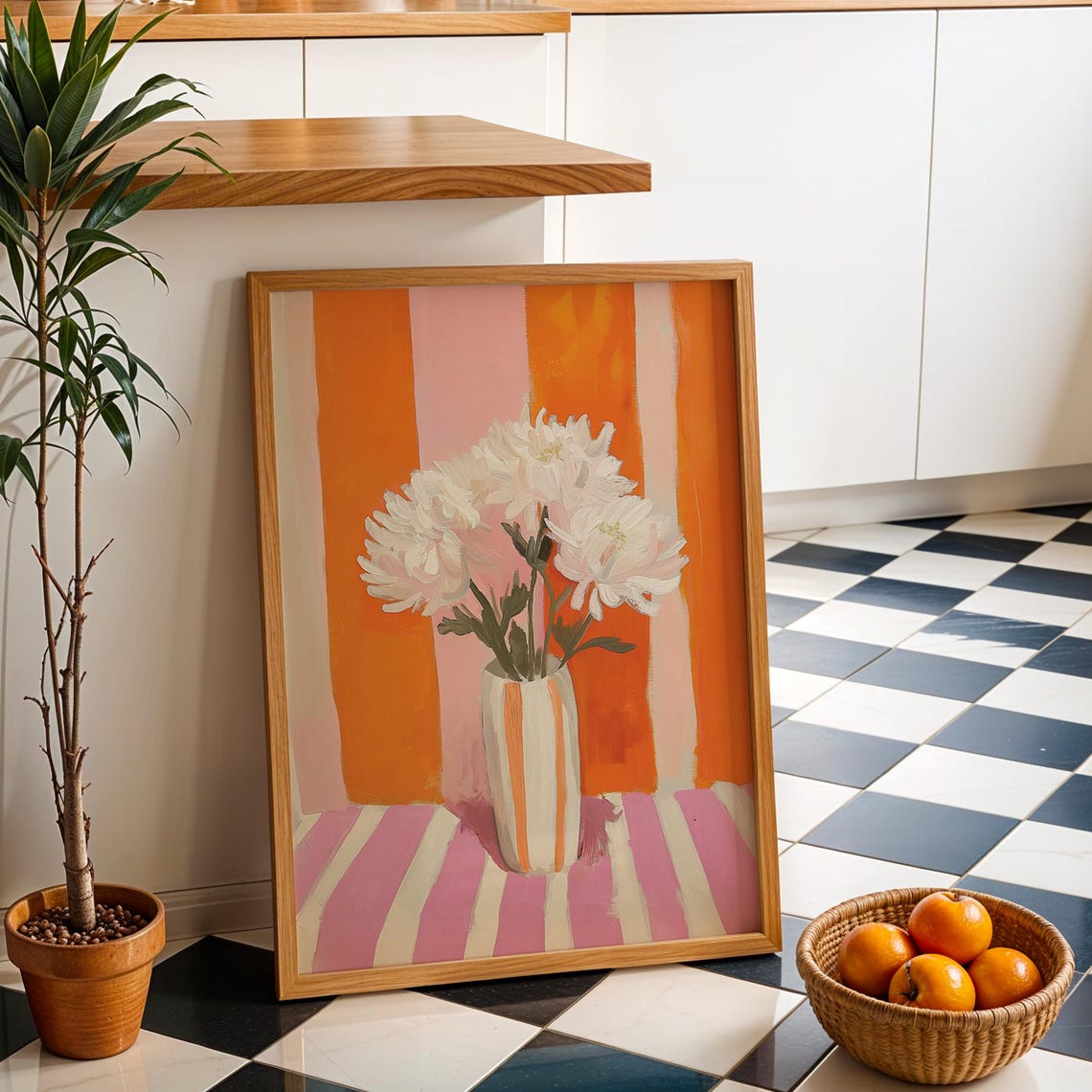 White Flowers Vase on Orange Striped Poster Bold Floral Still Life - Image 3