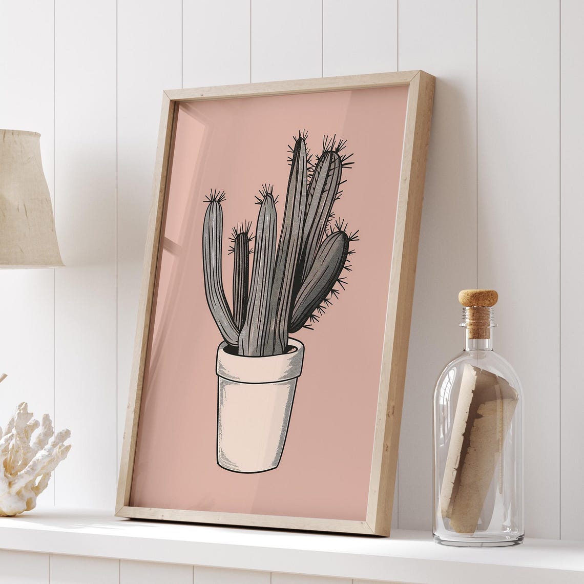 Monochrome Potted Cactus On Soft Blush Pink Background Poster - Image 5